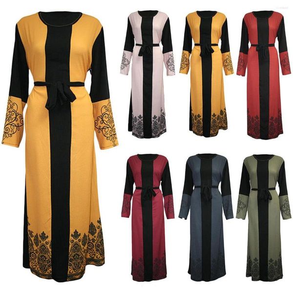 Vêtements ethniques islamique pour femmes Robe élégante col rond imprimé à manches longues Patchwork robes voilées musulmanes avec ceinture Robe élégante