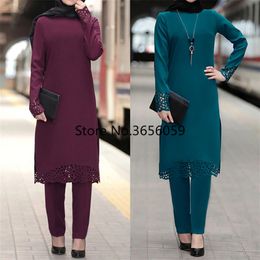 Etnische kleding Islamitische broekset voor vrouwen Abaya Dress Muslim Fashion Hollow Out Solid Long Sleeve Arabisch Dubai Eid Mubarak Ladie Karftan 230131