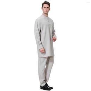 Ropa étnica oración islámica Kaftan Thawb Fashio pantalones de manga larga traje túnica hombres musulmán cuello mandarín Dubai Ramadán Thobe conjuntos