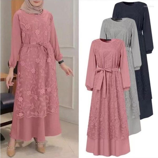 Vêtements ethniques Islamique Jeune Dame Mode Manches longues Fantaisie Maxi Robe avec boutons Français Élégant Modestie Ceinture en mousseline de soie