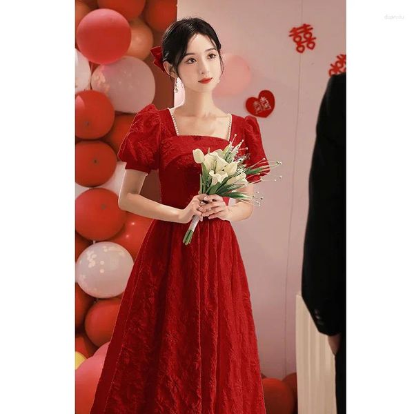 Vêtements ethniques Jacquard Chinois Lady Bourgogne Col Carré Cheongsam Perle Qipao Vintage Bouton À Manches Courtes A-ligne Mariée Robe De Mariée