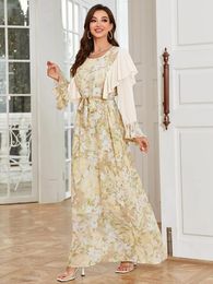 Vêtements ethniques Jalabiya Floral Print Party Robe Femmes Robes Élégantes À Lacets À Manches Longues Eid Musulman Abaya Robes Ramadan Abayas Kaftan