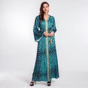 Etnische kleding Jalabiya Green Leopard Print Dubai Abaya -jurk voor vrouwen Ramadan Eid 2023 Marokkaanse Turkije Arabische moslim islamitische kleding