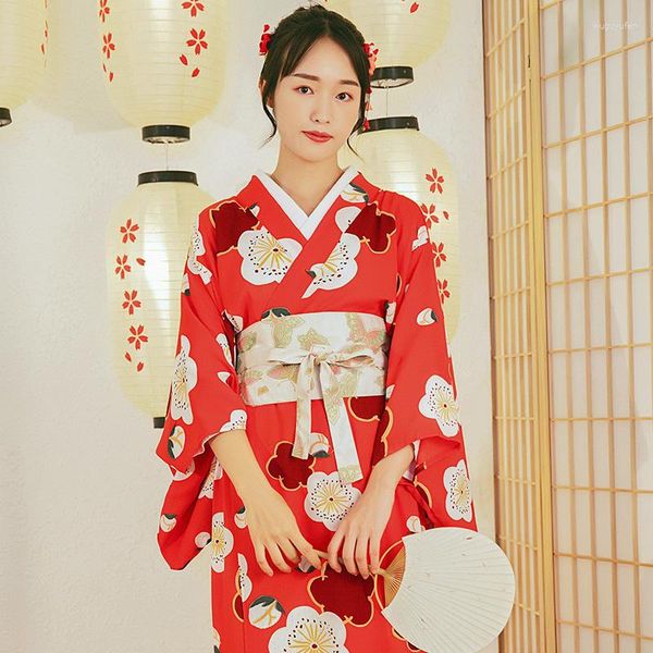 Vêtements ethniques Japon Style Long Kimono Ensemble Yukata Robe Avec Ceinture Couleur Rouge Cerise Doux Confortable Coton Traditionnel