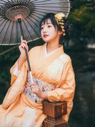 Vêtements ethniques Japon Style Femmes Traditionnelles Kimono Jaune Couleur Belles impressions Yukata Peignoir Cosplay Pographie Robe