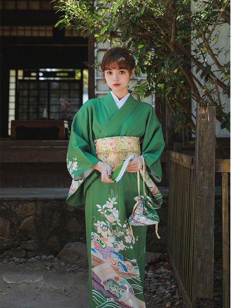 Vêtements ethniques Japon Style Femmes Traditionnelles Kimono Vert Couleur Floral Prints Robe Formelle Vintage Pographie Porter Costume Cosplay