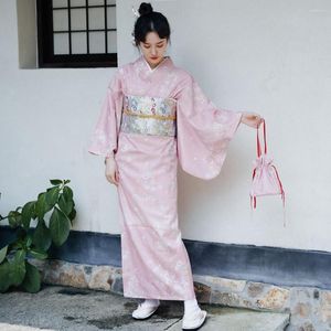 Vêtements ethniques Japon traditionnel Kimono Robe Robe Femmes Fille Rose Imprimer Fleur Yukata Peignoir Harajuku Vêtements Cosplay Performing Wear