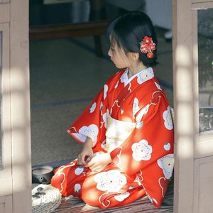 Vêtements ethniques Kimono pour enfants japonais Yukata Fleurs de cerisier Filles Robe Costumes de couleur rouge Japon Style Pographie Props Tissu unique