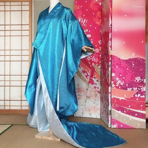 Vêtements ethniques Japonais Custom Made Kimono Vêtement extérieur Costume Costume Belle Femme Robe Performance Bleu Jaune