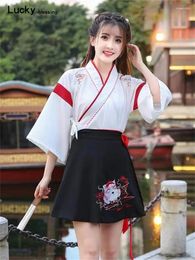 Etnische kleding Japanse jurk Kimono Vrouw Zwart Wit Kat Borduren Rokken Vintage Aziatische Yukat Party Anime Cosplay Harajuku Kostuum