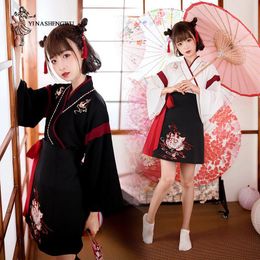 Ropa étnica Vestido japonés Kimono Mujer Negro Gato blanco Bordado Faldas Vintage Asian Yukata Haori Cosplay Party 2 piezas Conjuntos 230331