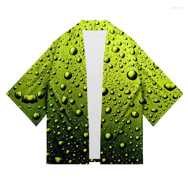 Vêtements ethniques Japonais Green Water Drops Costume 3D Imprimer Kimono Chemise Cool Hip Hop Hommes Sept Points Manches Tops Cardigan Veste Streetwear