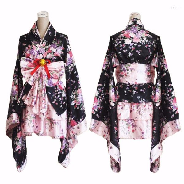 Ropa étnica Kimono japonés Sakura Impreso Corto Sexy Pink Lolita Falda en capas Maid Cosplay Disfraz Halloween Disfraces para mujeres