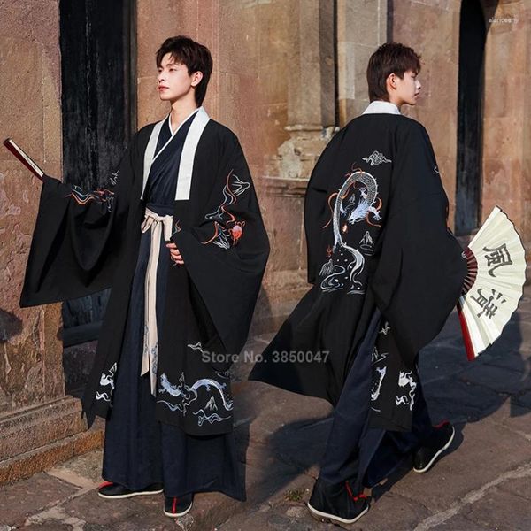 Ropa étnica Japonés Kimono Samurai Hombre Conjunto Dragón Impresión Harajuku Antiguo Vintage Bordado Tradicional Yukata Cardigan Traje