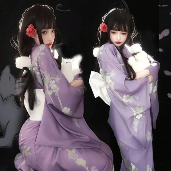 Vêtements ethniques Kimono japonais traditionnel violet Yukata vêtements Obi Geisha Costume Cosplay Haori Kimonos