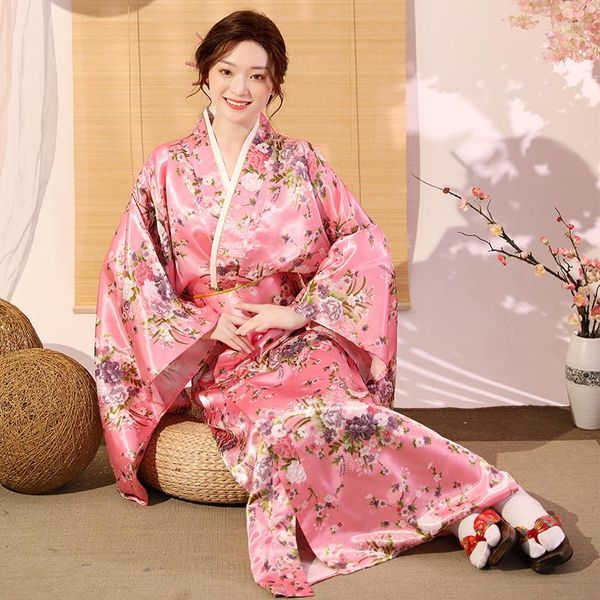 Vêtements Ethniques Kimono Japonais Yukata Harajuku Chemise De Nuit Robe Traditionnelle Peignoir Satin De Soie Vintage Sakura Geisha Spectacle De Scène Pour