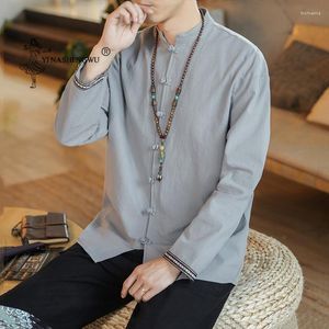 Vêtements ethniques japonais hommes chemise à manches longues décontracté col ample japon Harajuku coton et lin couleur unie Kimono hommes