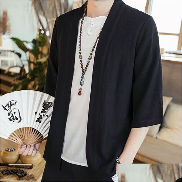 Vêtements ethniques Japonais Hommes Cardigan Kimono Traditionnel Coton Linge Samurai Streetwear Yukata Mâle Haori Mens Chemise Oversize Drop de Dhb8J