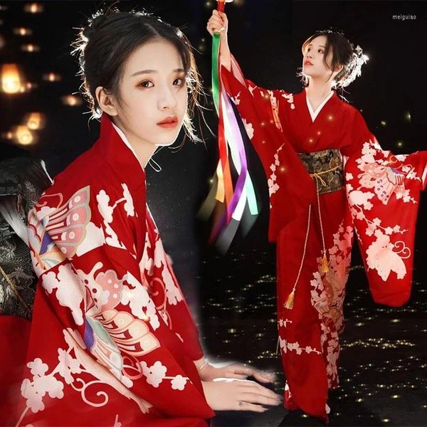 Vêtements ethniques Robe rouge japonaise Kimono traditionnel femmes Robe de Geisha Vintage Yukata Cosplay Costumes Performance Poshooting