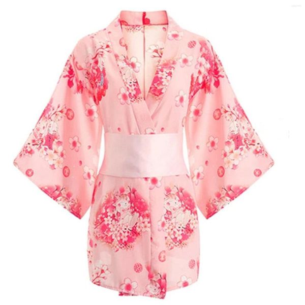 Ropa étnica Japonés Sakura Kimono Traje Tentación Uniforme Ropa interior divertida Ahuecado Pajarita Albornoz Traje Mujer Ropa