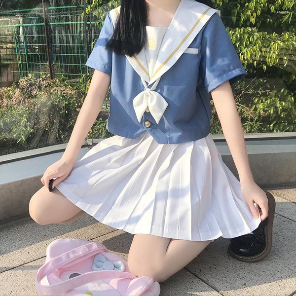 Vêtements ethniques japonais uniformes scolaires pour filles Jk Anime Cosplay Costumes arc blanc plissé jupe à manches courtes bleu hauts Kawaii