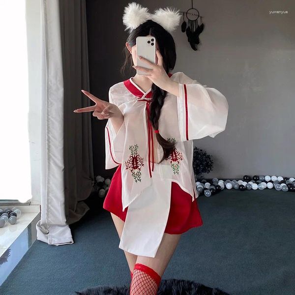 Vêtements ethniques Japonais Sexy Mousseline de soie Broderie Kimono Uniforme Tentation Sous-vêtements érotiques Costume Cosplay Top Jupe Culotte Vêtements