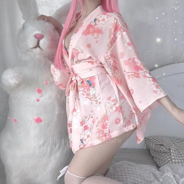 Ropa étnica Kimono japonés sexy para mujer Sakura Print Girl Yukata Floral Haori Albornoz Cosplay Disfraz Mujer Rosa Tradicional Corto