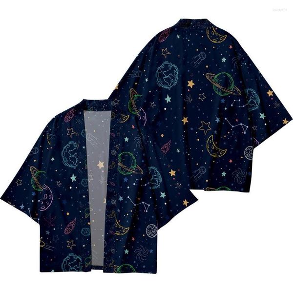 Ropa étnica japonesa espacio estampado Kimono y pantalones cortos cárdigan hombres Samurai traje chaqueta camisa verano asiático Yukata Haori