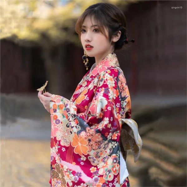 Vêtements ethniques Style japonais Cherry Blossom Imprimé Girly Kimono Yukata Po Costume de robe modifiée traditionnelle