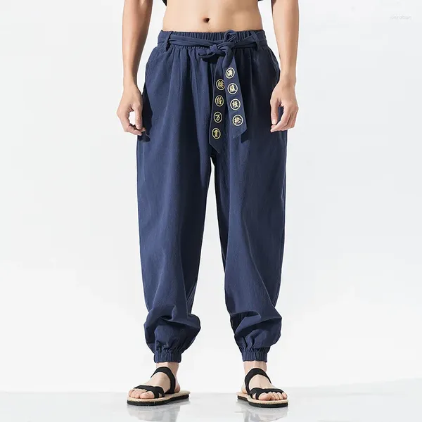 Vêtements ethniques Style japonais Mode Homme Pantalon à jambe large Rétro Bandage Broderie Pantalon en lin lâche Mâle Harlan Haori Hip Hop Samurai