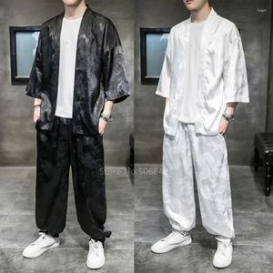 Ropa étnica estilo japonés vintage kimono haori pantalones conjunto hombres astilla tradicional inferior harajuku streetwear samurai cardigan traje