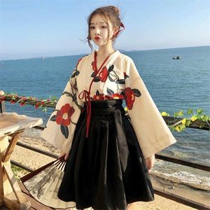 Ethnische kleding Japanse stijl vrouw kimono zomer mode bloemen haori meisjes 2 stks top en rok outfits full mouw jurk voor vrouwen