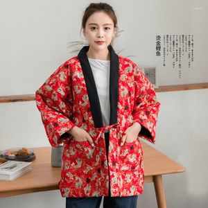 Etnische kleding Japanse stijl vrouwen print kimono jas winter dikke katoenen gewatteerde jas vintage dames warm houden kimono's tops los