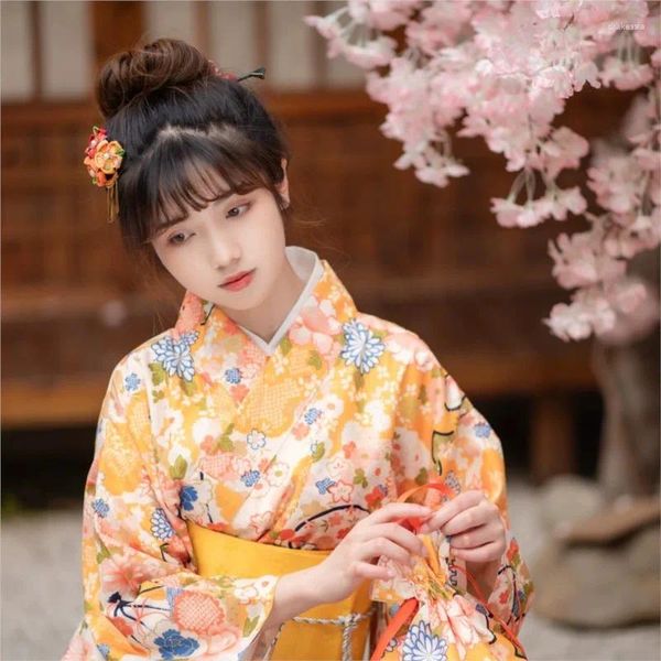 Ropa étnica Estilo japonés Yukata Fan amarillo Pritned Girl Modificado Vestido de kimono Cherry Blossom Season Po