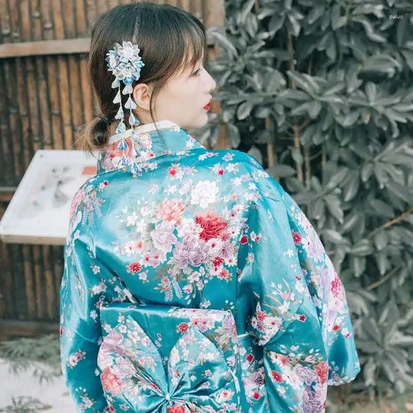 Ropa étnica Vestido tradicional japonés Ropa Cereza Kimono Pijamas Camisón Robe Mujer Yukata de manga larga Etapa de rendimiento