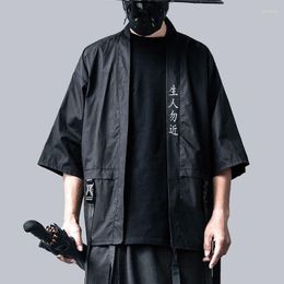Vêtements ethniques japonais traditionnel Kimono Cardigan noir coton mode Harakuju Haori samouraï Cosplay Costumes asiatique Streetwear manteau