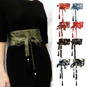 Etnische kleding Japanse traditionele kimono riem vrouwen korset kwast blauw golf patroon brede yukata kraan haori obi aziatische taille s 230331