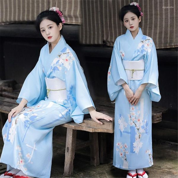 Ropa étnica Kimono tradicional japonés con Obi blanco Mujer Albornoz Yukata asiático de manga larga Traje de Geisha Stage Performing Pography