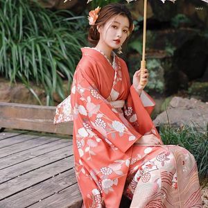 Etnische kleding Japanse traditionele kimono's Kimono-jurk met lange mouwen Vintage oranje kleur bloemenprints Yukata Cosplay Wear Po-jurk FF3669