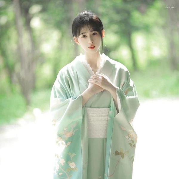 Ropa étnica Japonés Tradicional Mujer Manga Larga Kimono Hermoso Color Azul Clásico Yukata Vestido Vestido Cosplay Traje Po Wear