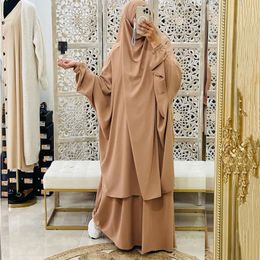 Etnische kleding Jilbab 2 -delige set Moslimvrouwen hijab jurk Gebed Gedelement Abaya Long Khimar Ramadan Arabische jurk Abayas Sets Islamitische kleding gewaad 230529