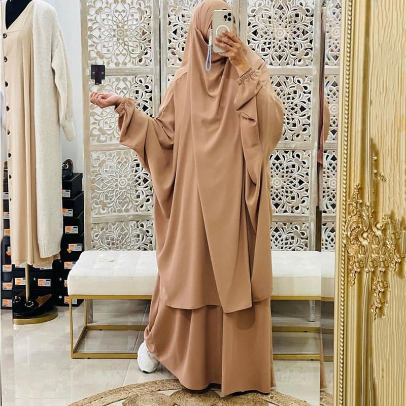 Roupas étnicas Jilbab Conjunto de 2 peças para mulheres muçulmanas Vestido Hijab Roupa de oração Abaya Longo Khimar Ramadan Vestido árabe Conjuntos de abayas Roupas islâmicas R