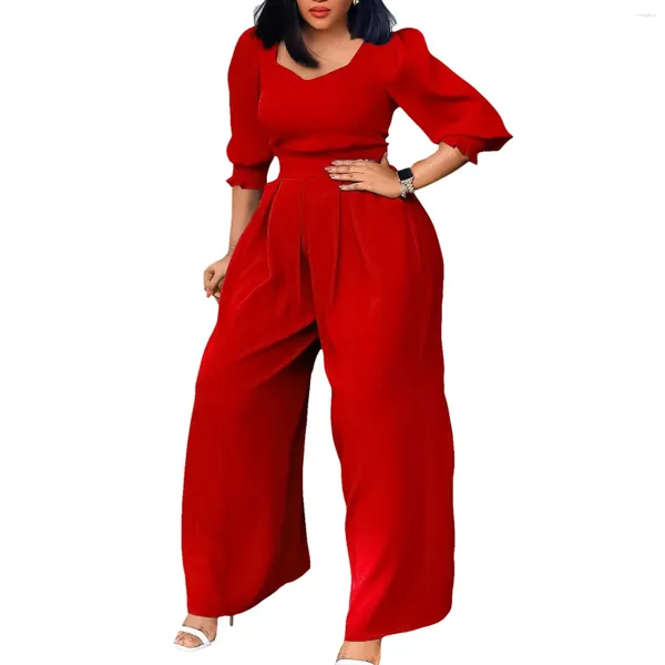 Vêtements ethniques Combinaison Femmes Demi Manches Romper Large Jambe Solide Afrique En Automne Pantalon De Mode En Gros Drop