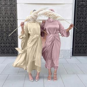 Vêtements ethniques Kaftan Abaya Satin Dubaï Turquie Islam Arabe Musulman Ensembles Robe Longue Kimono Ensemble Femme Musulmane Abayas pour femmes