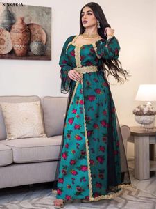 Vêtements ethniques Kaftan Dubaï Luxe Imprimé Broderie Guipure Dentelle Panneau De Maille Robe Ceinturée Faux Deux Pièces Split Hem Femme Musulmane Ramadan