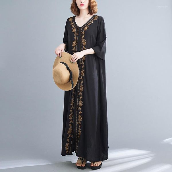 Ropa étnica Kaftan Dubai Women's 2022 Gran Tamaño de talla de tamaño Summer Bordado de algodón Vestido bohemio para mujeres Negro 12956