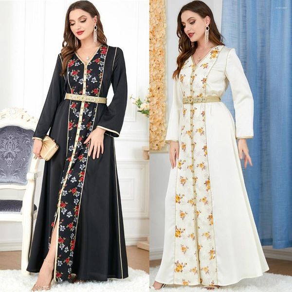 Vêtements ethniques Caftan Pour Femmes Islamique Ramadan Mousseline Col En V Robe Arabe Femme Brodée À Manches Longues Avec Ceinture Abaya