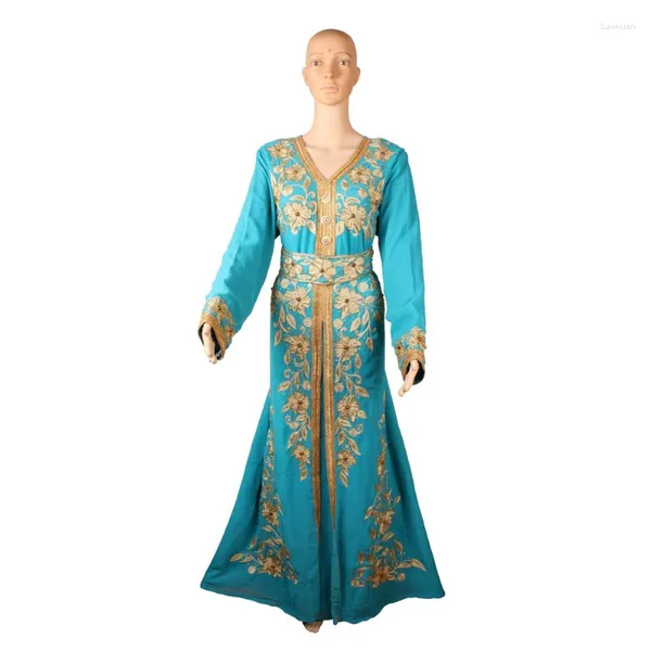 Ropa étnica Kaftan Turquesa Dubai Bata Manga larga Cuello en V Moda Bordado Marroquí Kurtas