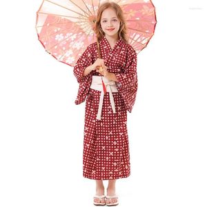Vêtements ethniques Kawaii Japonais Kimono 2023 Été Enfants Cardigan Lâche Robe À Carreaux Style Rétro Imprimé Floral Rouge Dentelle Longue Jupe Pyjamas