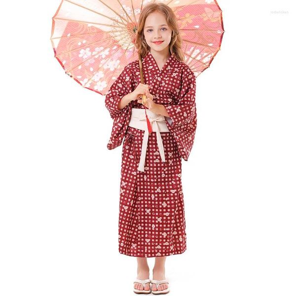 Vêtements ethniques Kawaii Japonais Kimono 2023 Été Enfants Cardigan Lâche Robe À Carreaux Style Rétro Imprimé Floral Rouge Dentelle Longue Jupe Pyjamas